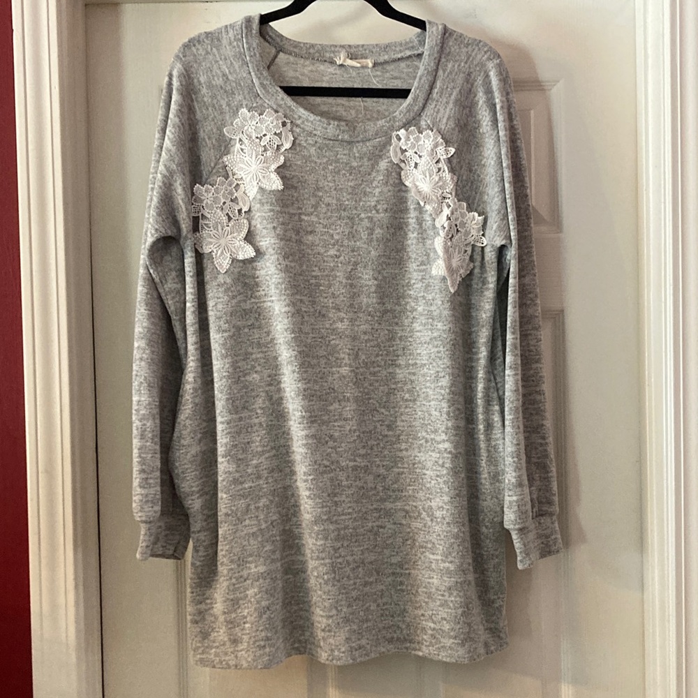 Twenty Second Gray Sweater with White Lace Accents